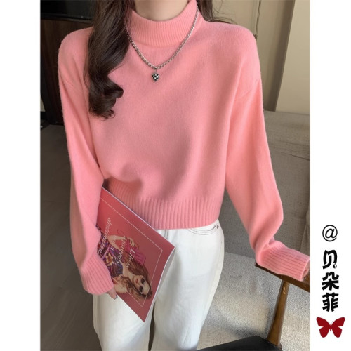 2025秋冬新款半高領純色套頭加厚毛衣女寬松內搭針織打底衫上衣潮