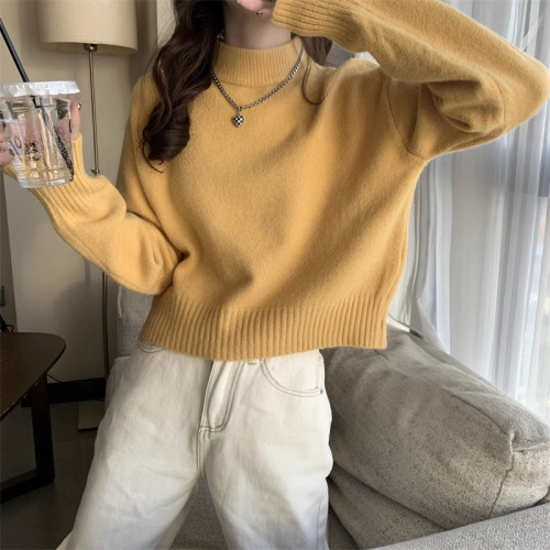 2025秋冬新款半高領純色套頭加厚毛衣女寬松內搭針織打底衫上衣潮