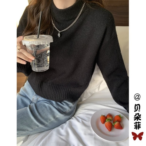 2025秋冬新款半高領純色套頭加厚毛衣女寬松內搭針織打底衫上衣潮