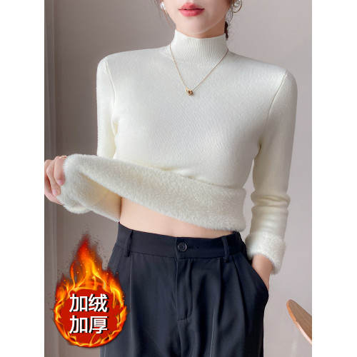 加絨毛衣女一體絨秋冬加厚內搭大碼修身半高領打底針織衫保暖上衣