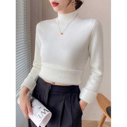 加絨毛衣女一體絨秋冬加厚內搭大碼修身半高領打底針織衫保暖上衣