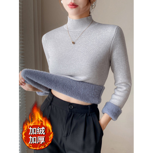 加絨毛衣女一體絨秋冬加厚內搭大碼修身半高領打底針織衫保暖上衣