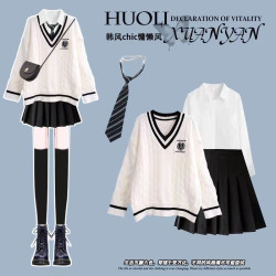 秋冬季學院風jk製服套裝女韓版寬松V領馬甲毛衣襯衫+百褶裙三件套