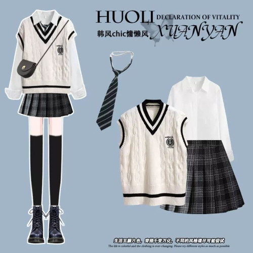 秋冬季學院風jk製服套裝女韓版寬松V領馬甲毛衣襯衫+百褶裙三件套