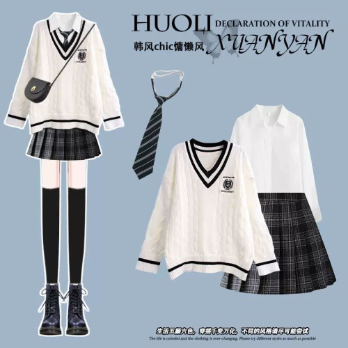 秋冬季學院風jk製服套裝女韓版寬松V領馬甲毛衣襯衫+百褶裙三件套