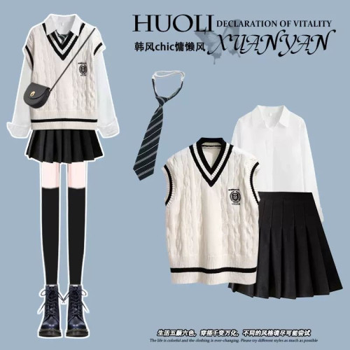 秋冬季學院風jk製服套裝女韓版寬松V領馬甲毛衣襯衫+百褶裙三件套