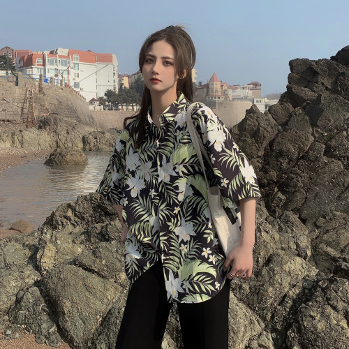 海邊度假風短袖花襯衫女夏威夷ins超仙沙灘襯衣復古港風寬松上衣