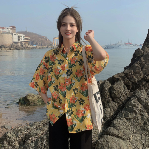 海邊度假風短袖花襯衫女夏威夷ins超仙沙灘襯衣復古港風寬松上衣