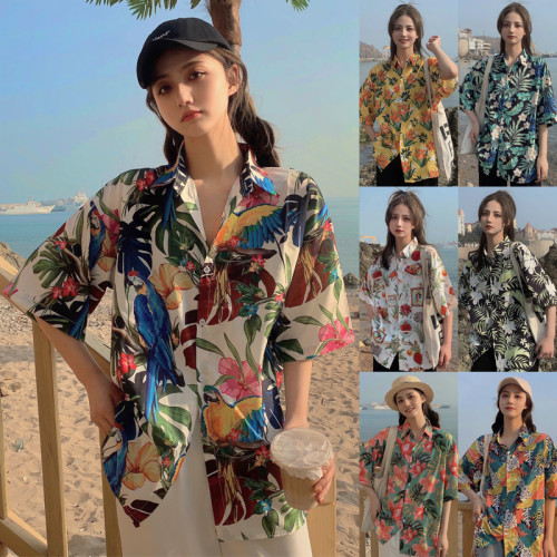 海邊度假風短袖花襯衫女夏威夷ins超仙沙灘襯衣復古港風寬松上衣