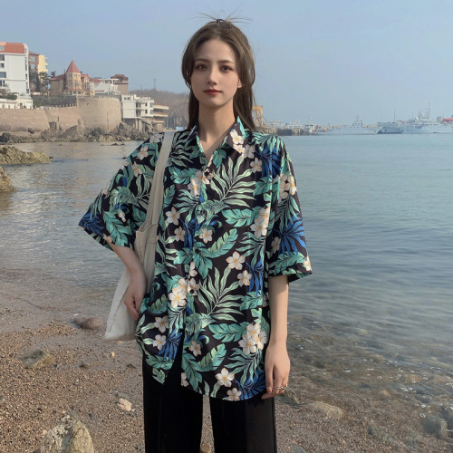海邊度假風短袖花襯衫女夏威夷ins超仙沙灘襯衣復古港風寬松上衣