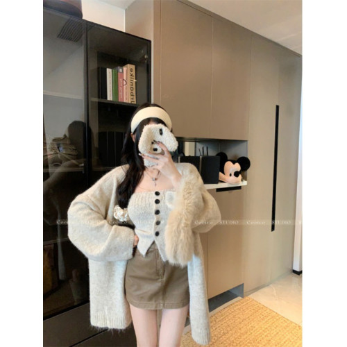 韓系慵懶風毛衣外套女秋季抹胸背心兩件套超好看寬松針織開衫上衣