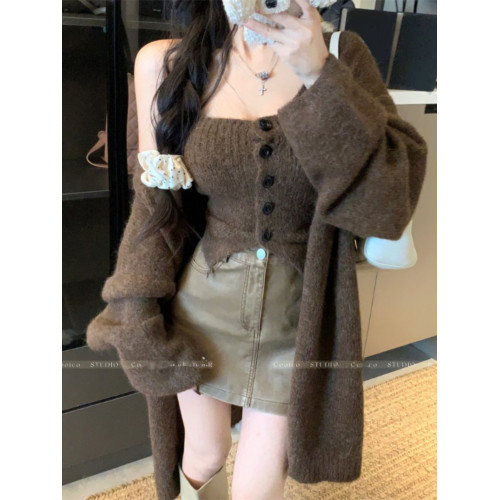 韓系慵懶風毛衣外套女秋季抹胸背心兩件套超好看寬松針織開衫上衣