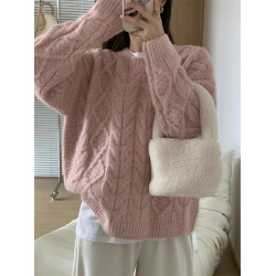 粉色軟糯圓領麻花毛衣女秋冬小個子加厚寬松慵懶風針織衫內搭上衣