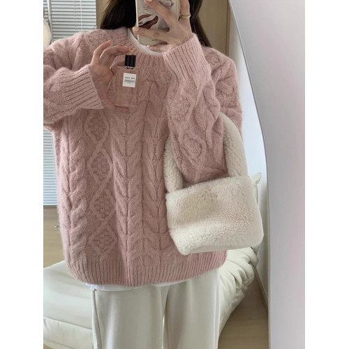 粉色軟糯圓領麻花毛衣女秋冬小個子加厚寬松慵懶風針織衫內搭上衣