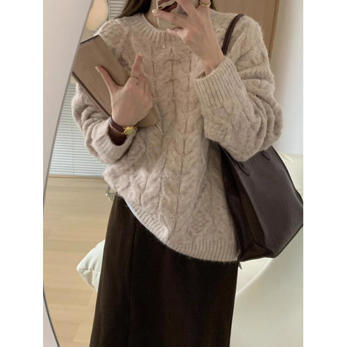 粉色軟糯圓領麻花毛衣女秋冬小個子加厚寬松慵懶風針織衫內搭上衣