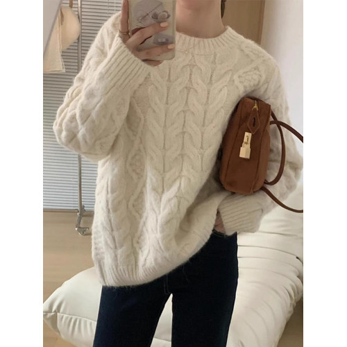 粉色軟糯圓領麻花毛衣女秋冬小個子加厚寬松慵懶風針織衫內搭上衣