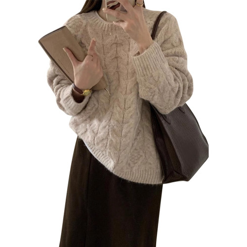 粉色軟糯圓領麻花毛衣女秋冬小個子加厚寬松慵懶風針織衫內搭上衣