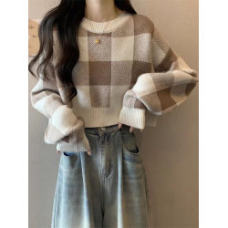 溫柔系格子短款套頭打底毛衣女秋冬季新款內搭針織衫寬松圓領上衣