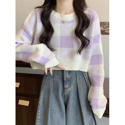 溫柔系格子短款套頭打底毛衣女秋冬季新款內搭針織衫寬松圓領上衣