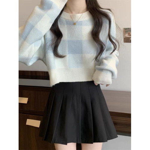 溫柔系格子短款套頭打底毛衣女秋冬季新款內搭針織衫寬松圓領上衣