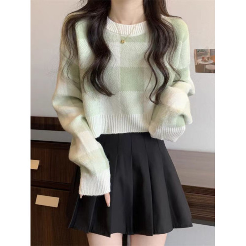 溫柔系格子短款套頭打底毛衣女秋冬季新款內搭針織衫寬松圓領上衣