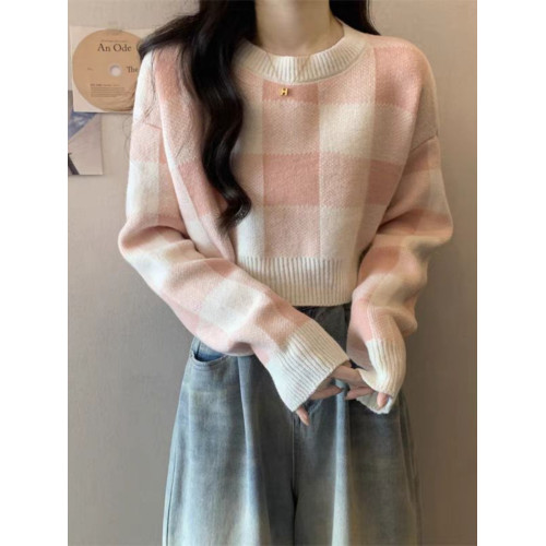 溫柔系格子短款套頭打底毛衣女秋冬季新款內搭針織衫寬松圓領上衣