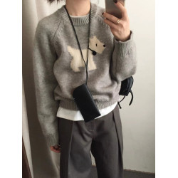 慵懶風提花套頭卡通小狗毛衣女秋冬韓國東大門寬松針織衫灰色上衣