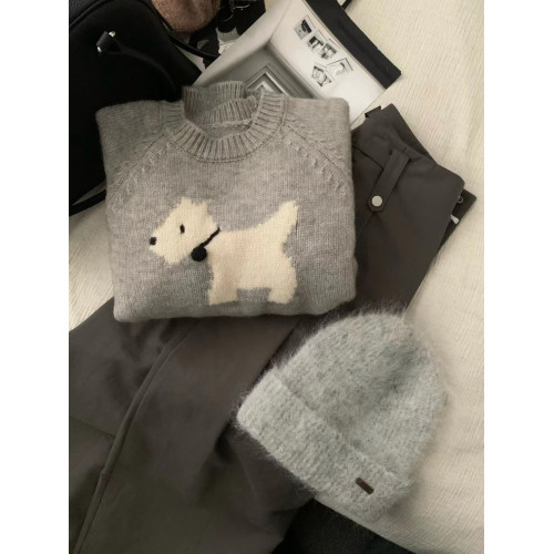 慵懶風提花套頭卡通小狗毛衣女秋冬韓國東大門寬松針織衫灰色上衣 慵懶風提花套頭卡通小狗毛衣女秋冬韓國東大門寬松針織衫灰色上衣