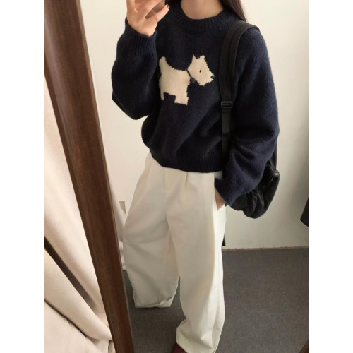 慵懶風提花套頭卡通小狗毛衣女秋冬韓國東大門寬松針織衫灰色上衣 慵懶風提花套頭卡通小狗毛衣女秋冬韓國東大門寬松針織衫灰色上衣