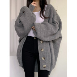 大碼寬松慵懶風中長款正肩毛衣外套女秋冬胖mm高級感針織開衫上衣