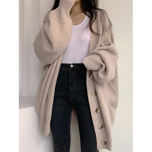 大碼寬松慵懶風中長款正肩毛衣外套女秋冬胖mm高級感針織開衫上衣