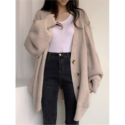 大碼寬松慵懶風中長款正肩毛衣外套女秋冬胖mm高級感針織開衫上衣