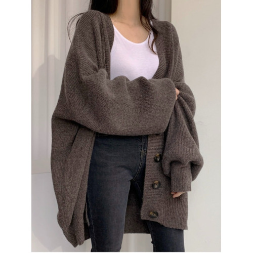 大碼寬松慵懶風中長款正肩毛衣外套女秋冬胖mm高級感針織開衫上衣