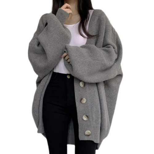 大碼寬松慵懶風中長款正肩毛衣外套女秋冬胖mm高級感針織開衫上衣