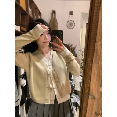 撞色假兩件針織開衫外套秋冬新款女裝韓系v領設計感軟糯親膚毛衣