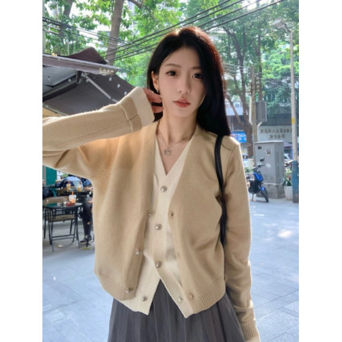 撞色假兩件針織開衫外套秋冬新款女裝韓系v領設計感軟糯親膚毛衣