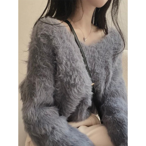 韓版溫柔風百搭氣質毛絨絨毛衣女春秋新款長袖短款針織衫上衣ins