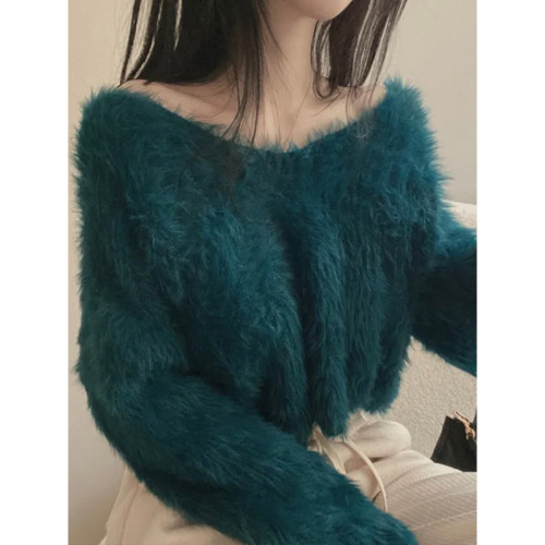 韓版溫柔風百搭氣質毛絨絨毛衣女春秋新款長袖短款針織衫上衣ins