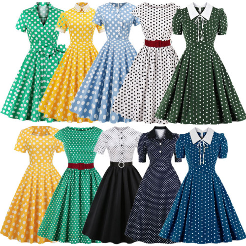 復古赫本港風年代設計感波點連衣裙夏棉中長大擺收腰顯瘦氣質裙子