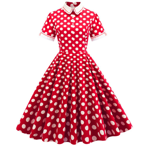 復古赫本港風年代設計感波點連衣裙夏棉中長大擺收腰顯瘦氣質裙子