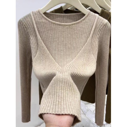 復古純欲風假兩件T恤上衣外穿針織衫女秋冬季修身顯瘦打底衫毛衣