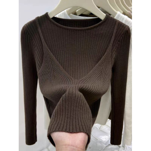 復古純欲風假兩件T恤上衣外穿針織衫女秋冬季修身顯瘦打底衫毛衣