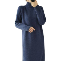 純色羊毛衫女半高領針織連衣裙女長款過膝寬松冬加厚百搭打底裙