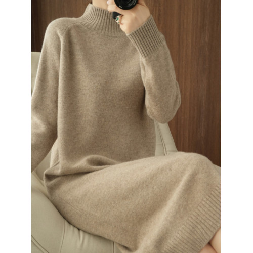 純色羊毛衫女半高領針織連衣裙女長款過膝寬松冬加厚百搭打底裙