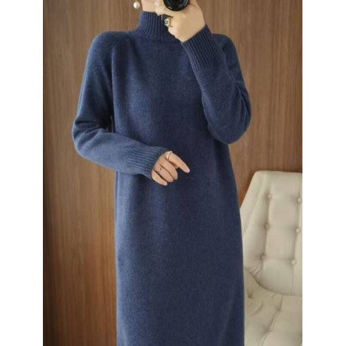 純色羊毛衫女半高領針織連衣裙女長款過膝寬松冬加厚百搭打底裙