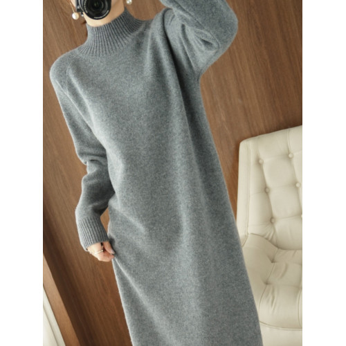 純色羊毛衫女半高領針織連衣裙女長款過膝寬松冬加厚百搭打底裙