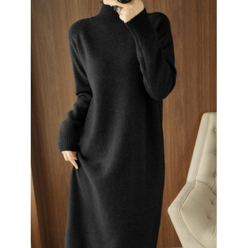 純色羊毛衫女半高領針織連衣裙女長款過膝寬松冬加厚百搭打底裙