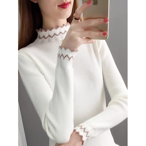 品質木耳邊半高領拼色針織毛衣女2025秋冬新款修身洋氣內搭打底衫