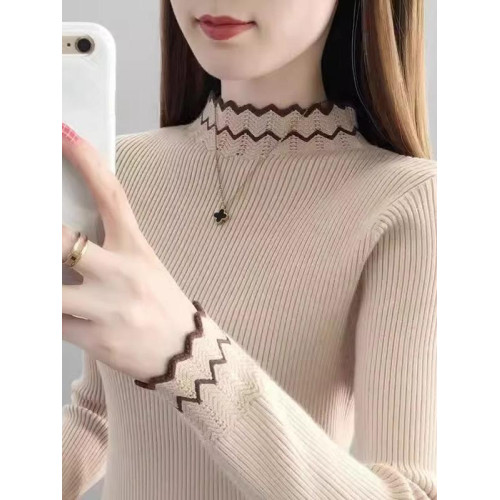 品質木耳邊半高領拼色針織毛衣女2025秋冬新款修身洋氣內搭打底衫