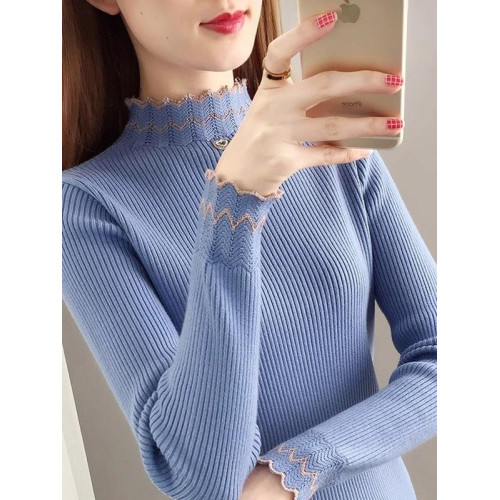 品質木耳邊半高領拼色針織毛衣女2025秋冬新款修身洋氣內搭打底衫